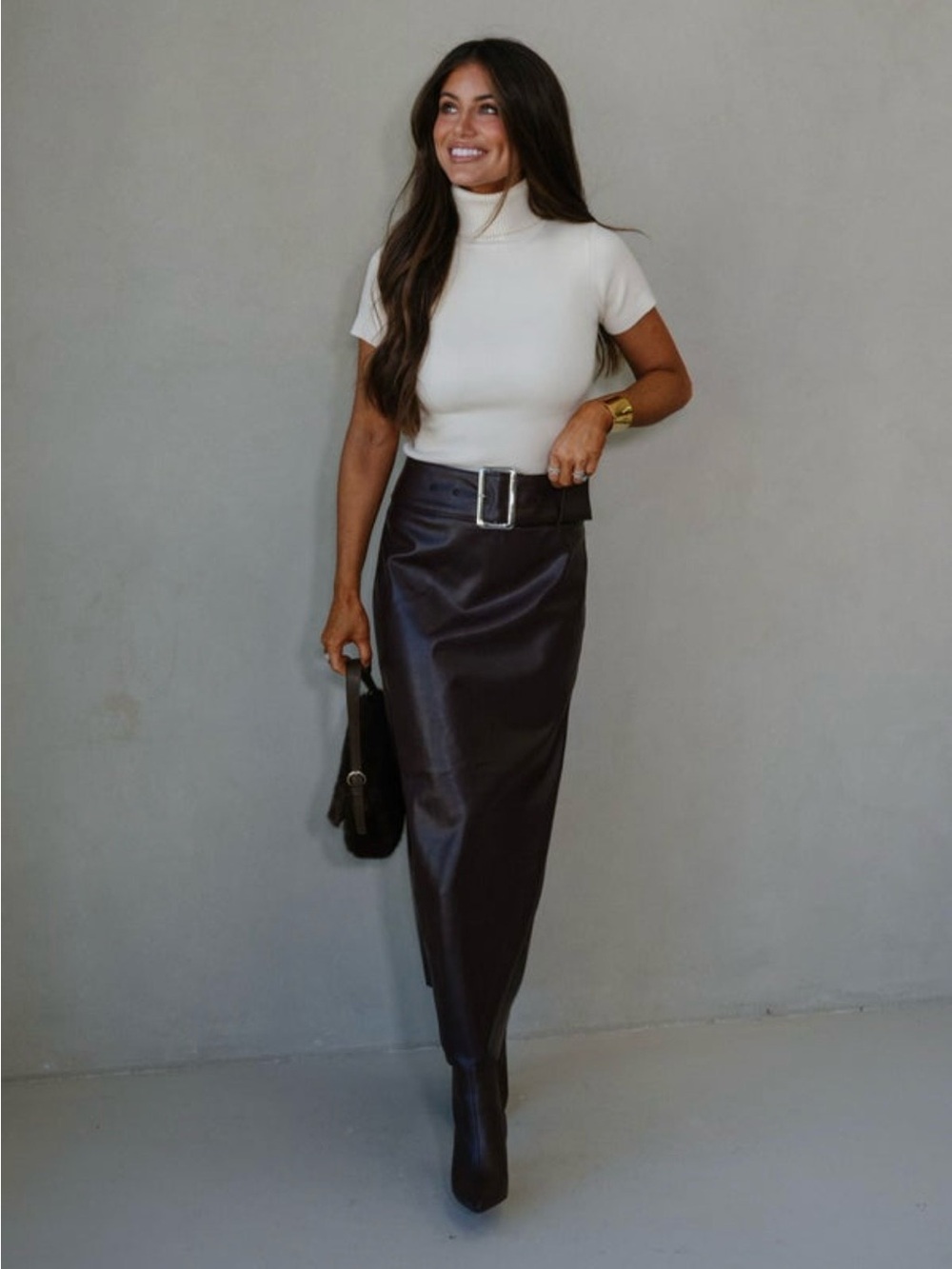 Mustard Seed Chocolate Brown Faux Leather Pencil Skirt with Statement Belt